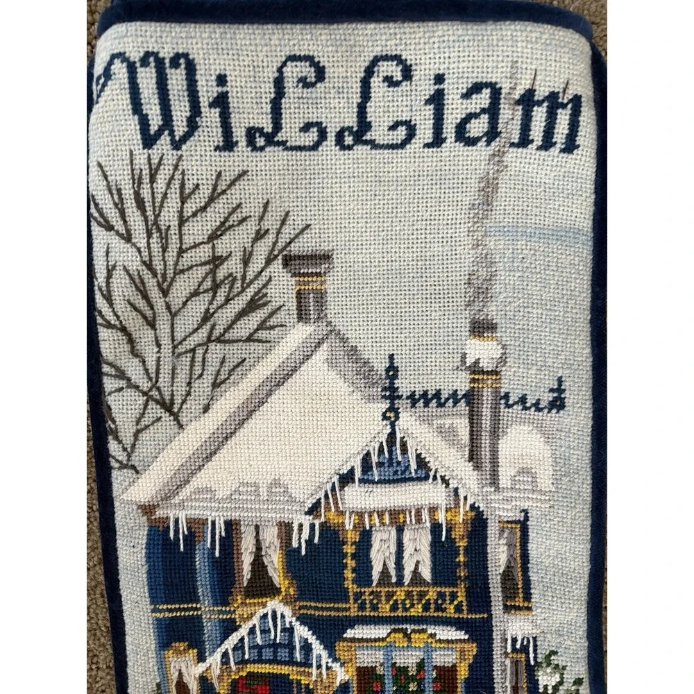 Vtg Needlepoint Stocking Christmas Blue Velvet Backed 20 